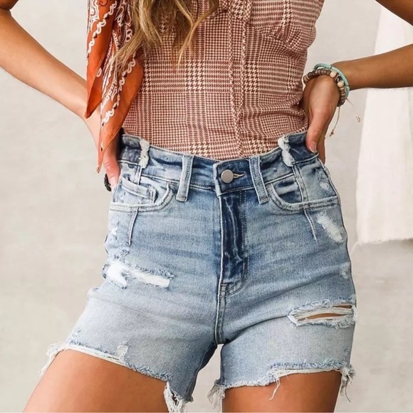 Flying Monkey High Rise Grunge Festival Distressed Light Wash Denim Shorts - Picture 1 of 6